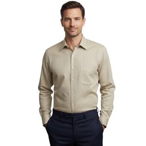 Louis Roth LS Beige Oxford Dress Shirt Size 16 34/35 Mens Classic Cotton Queens